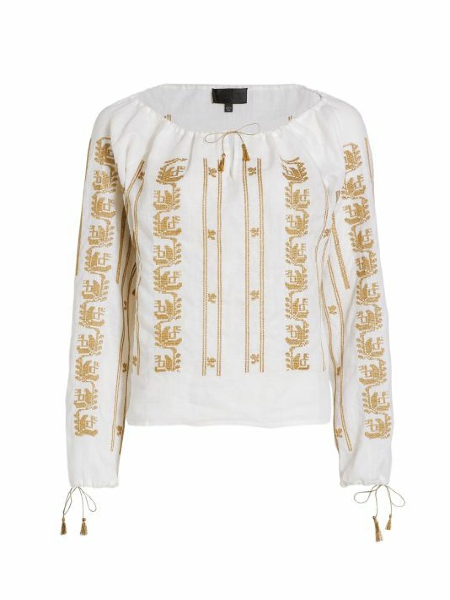 * Nili Lotan Geneve Embroidered Woven Tassel Blouse | Tops